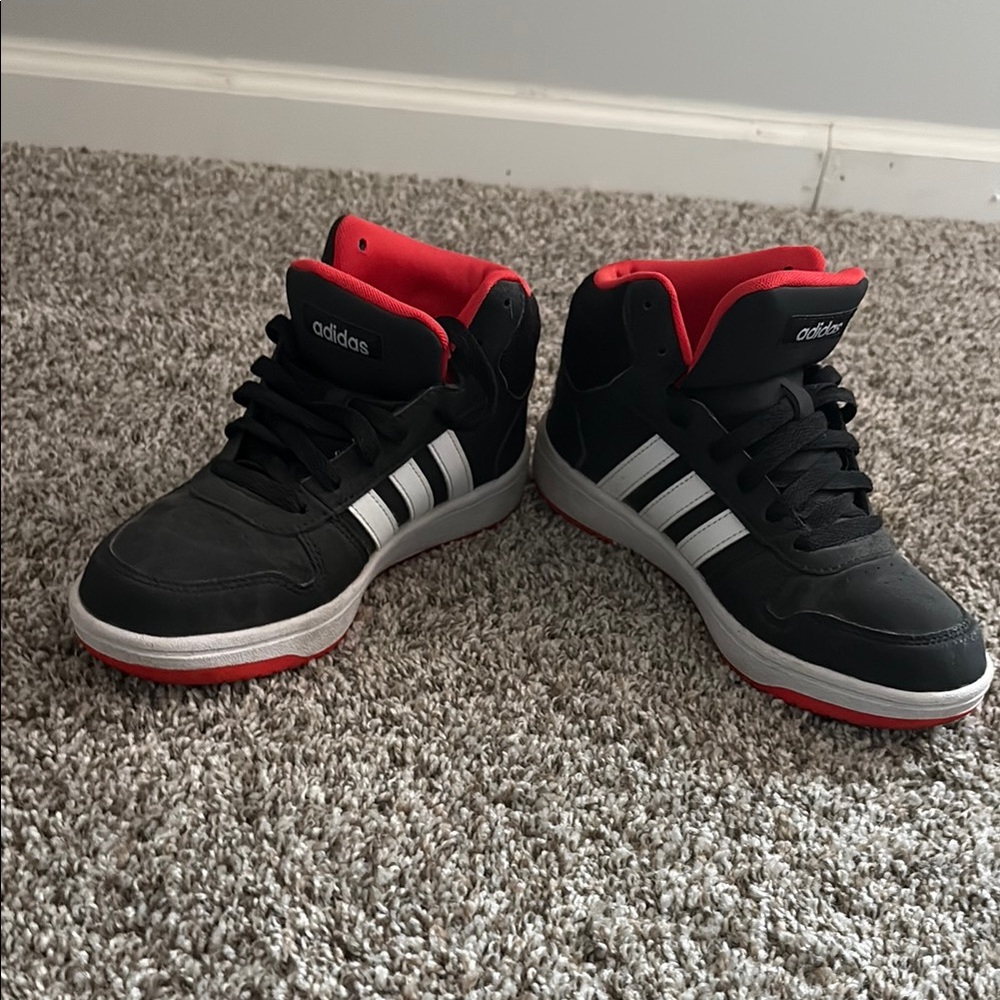 Adidas Black and Red High-Tops with White Stripes